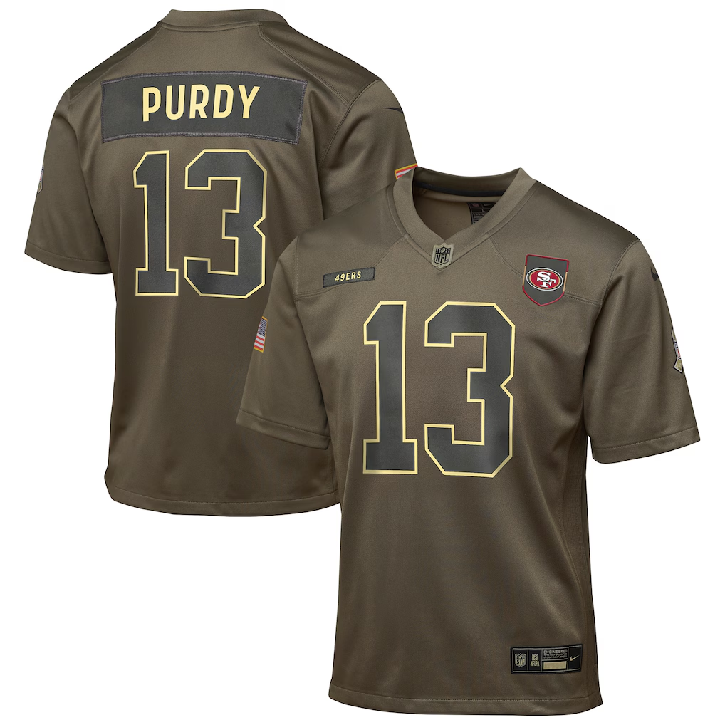 Youth San Francisco 49ers Brock Purdy  Olive 2025 Salute to Service Game Jersey