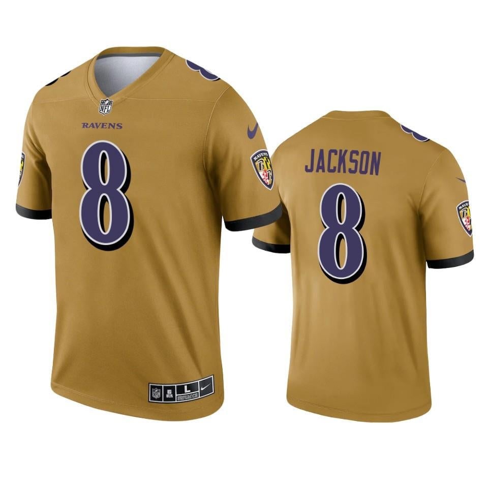 Ravens Lamar Jackson 8 Inverted Legend Gold Jersey, Men Jersey