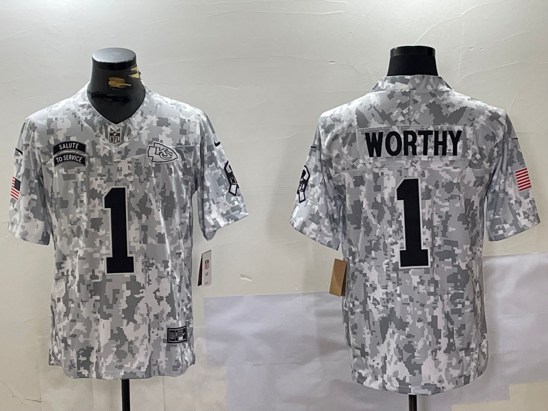 Men's Kansas City Chiefs Xavier Worthy #1 Arctic Camo 2024 Salute to Service Limited Jersey1