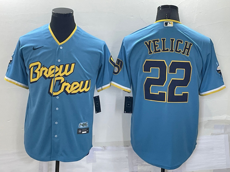 Men's Milwaukee Brewers Christian Yelich #22 Blue Stitched Jersey1