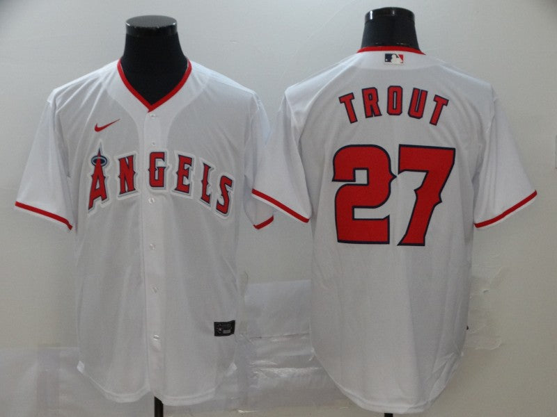 Men's Los Angeles Angels Mike Trout #27  White Sewn Baseball Jersey1