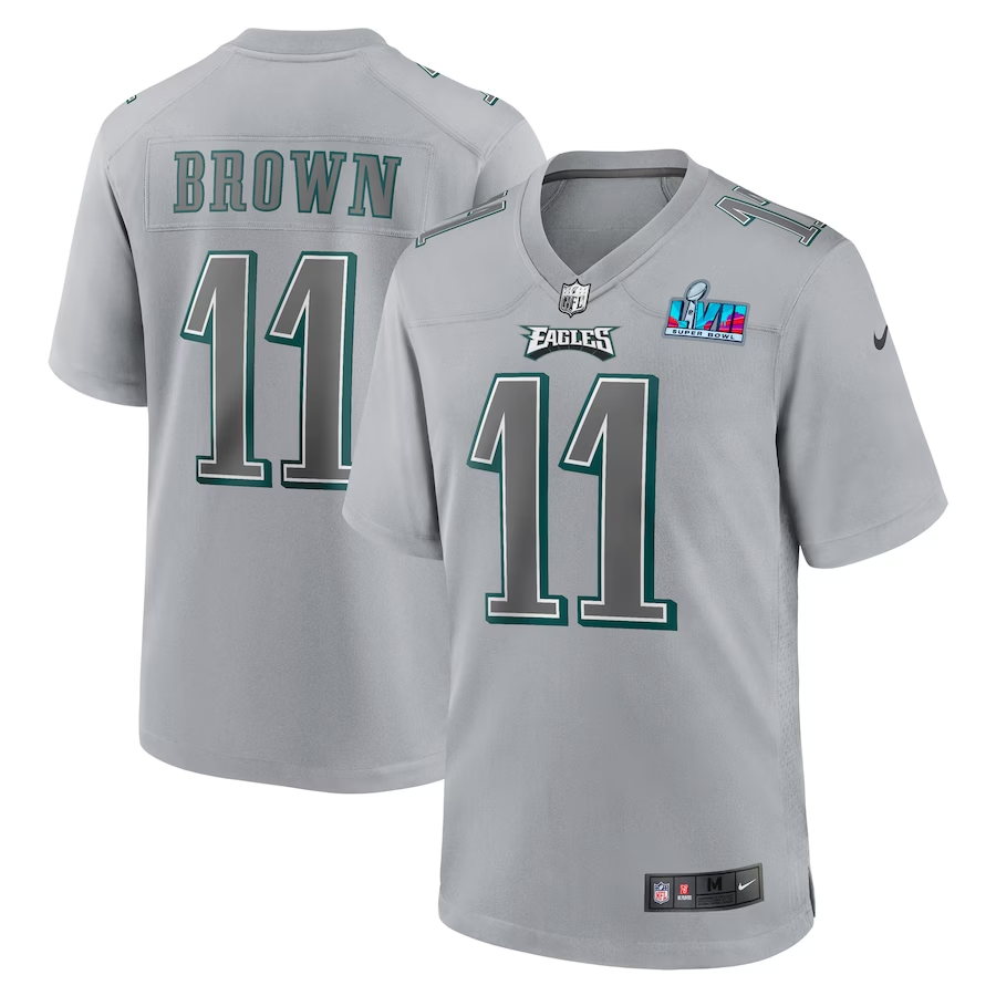 Men's Philadelphia Eagles A.J. Brown #11 Gray Super Bowl LVII Patch Atmosphere Fashion Game Jersey1