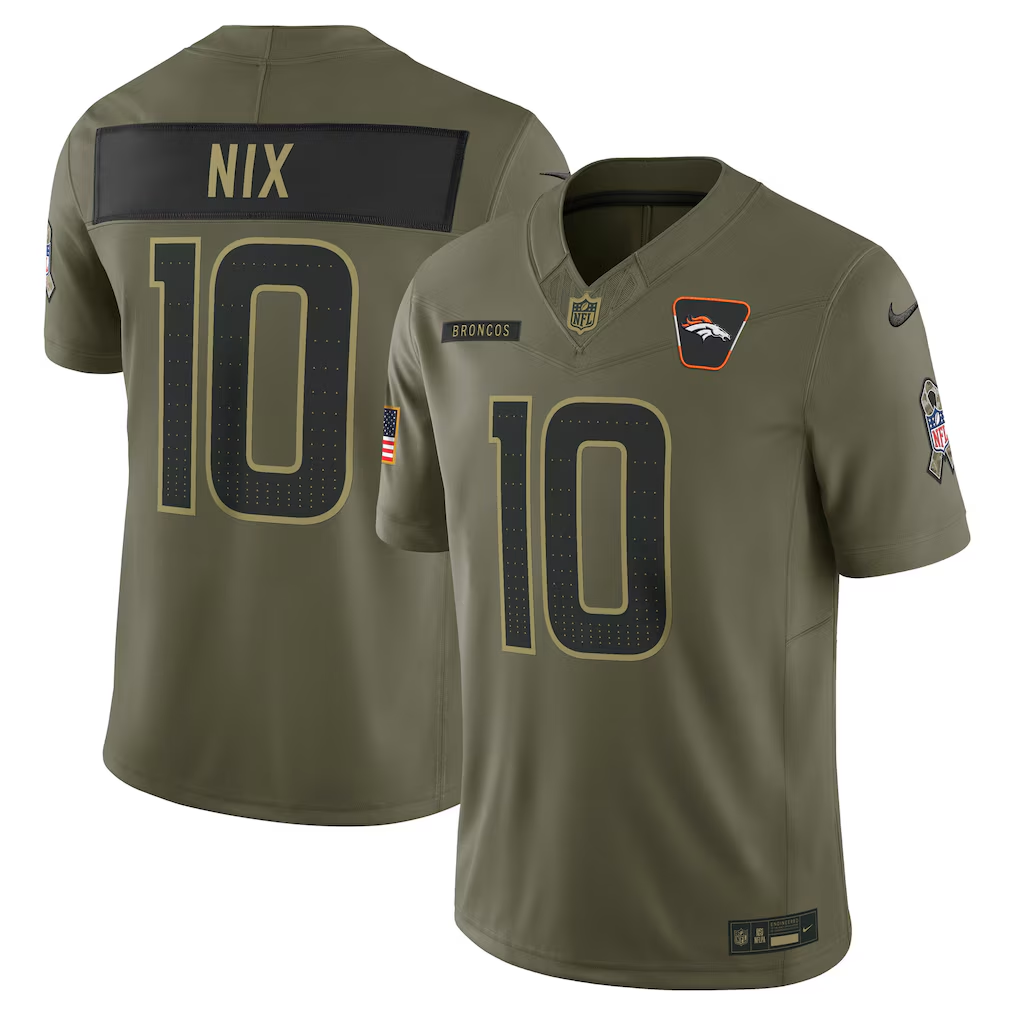 Men's Denver Broncos Bo Nix  Olive 2025 Salute to Service Limited Jersey