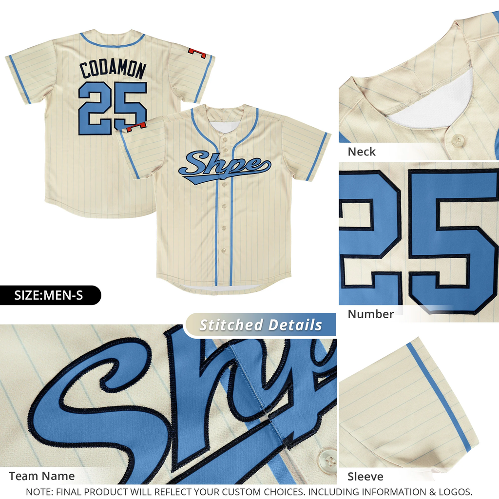 Custom Cream Light Blue-Light Gray Stripe Fashion Design Full Button Authentic Baseball Jersey