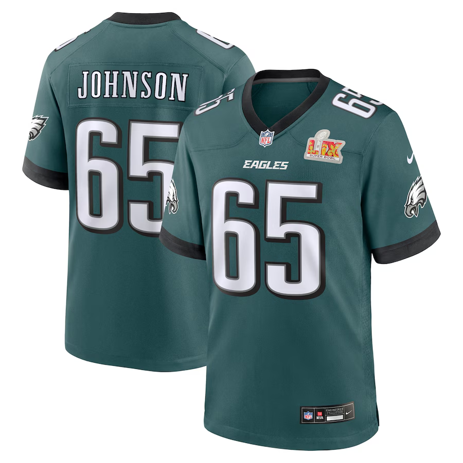 Men's Philadelphia Eagles Lane Johnson #65 Midnight Green Super Bowl LIX Game Player Jersey1