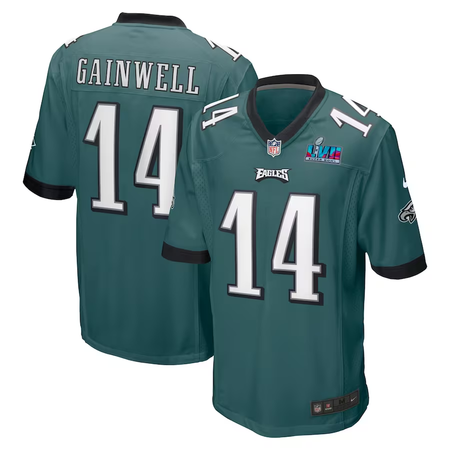 Men's Philadelphia Eagles Kenneth Gainwell #14 Midnight Green Super Bowl LVII Patch Game Jersey1