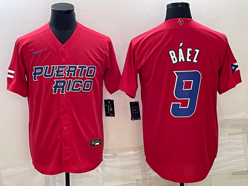 Men's 2023 World Baseball Classic #9 Javier Baez Puerto Rico Red Jersey1
