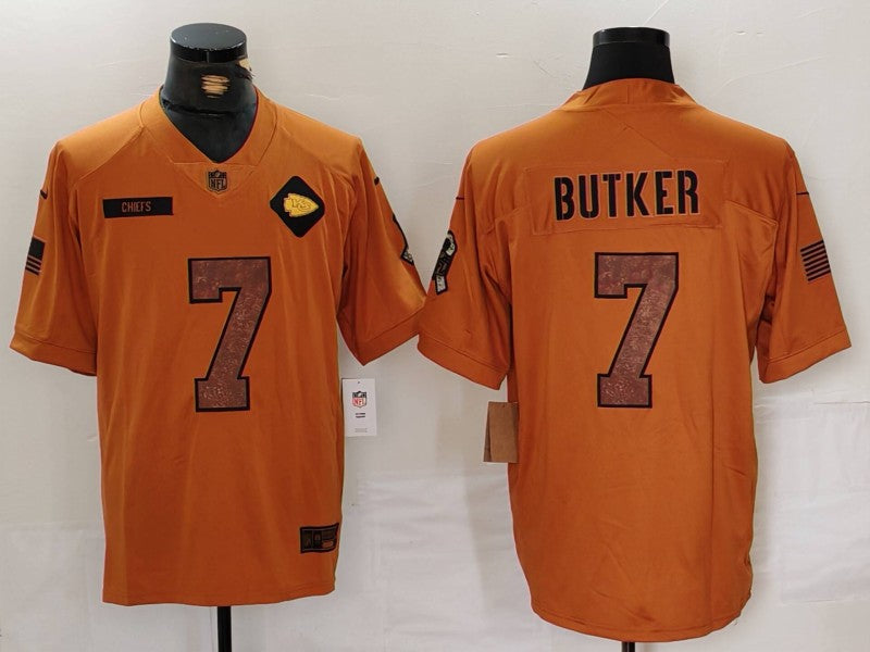 Men's Kansas City Chiefs Harrison Butker #7 Brown 2023 Salute To Service Limited Jersey1