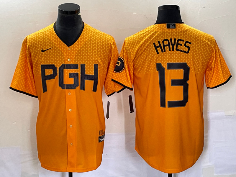 Men's Pittsburgh Pirates Ke'Bryan Hayes #13 Gold 2023 City Connect Replica Player Jersey1