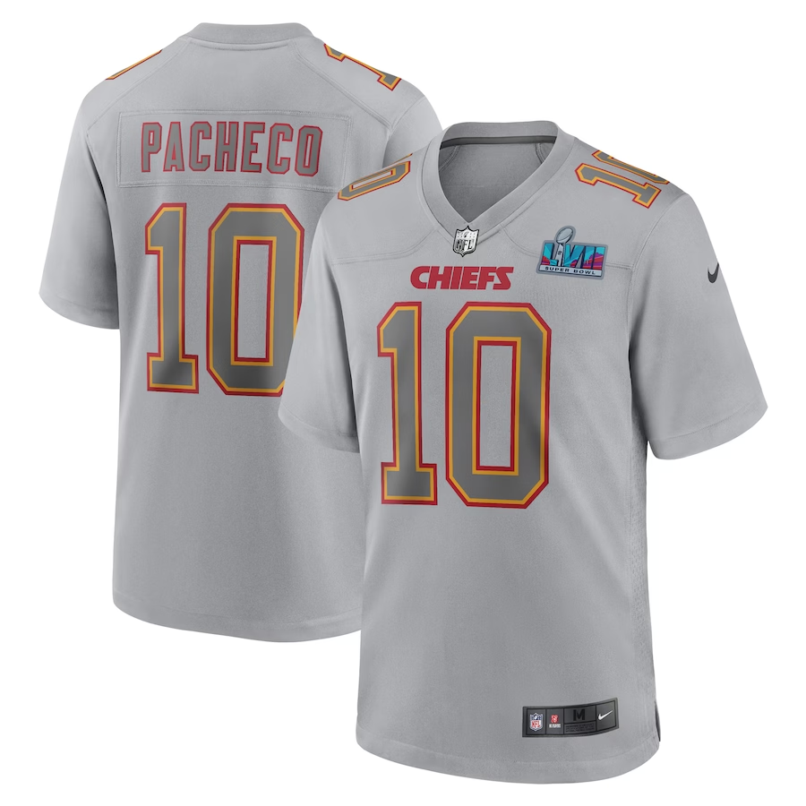 Men's Kansas City Chiefs Isiah Pacheco #10 Gray Super Bowl LVII Patch Atmosphere Fashion Game Jersey1