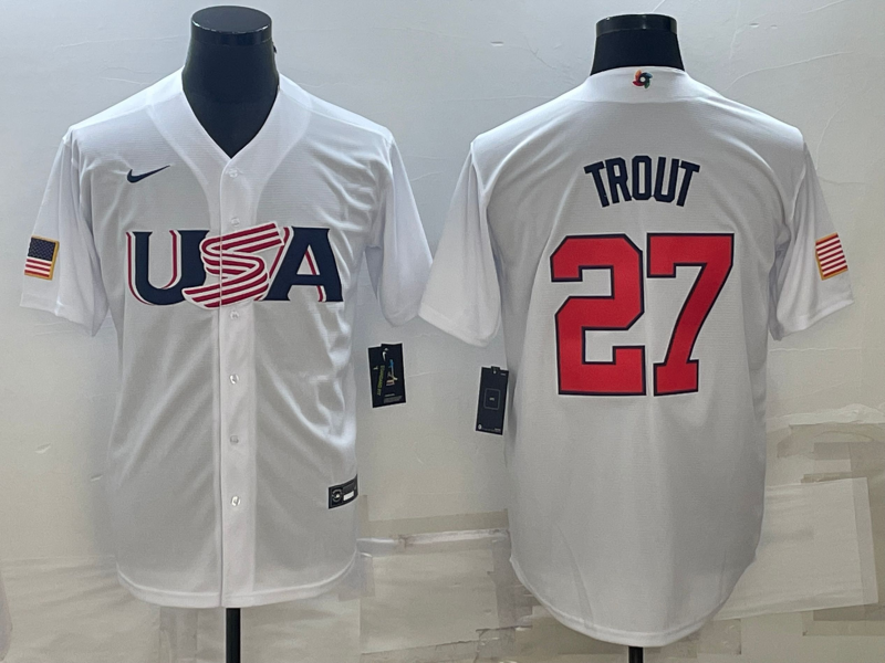 Men's 2023 World Baseball Classic #27 Mike Trout USA White Jersey1