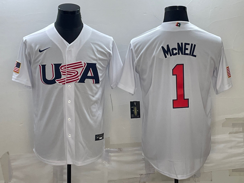 Men's 2023 World Baseball Classic #1 Jeff McNeil USA White Jersey1