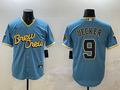 Men's Milwaukee Brewers Bob Uecker #9 Powder Blue City Connect Replica Player Jersey1