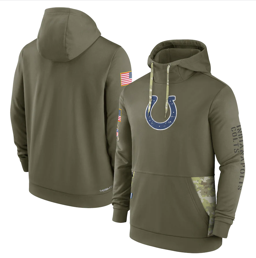 Men's Indianapolis Colts Olive 2022 Salute to Service Therma Performance Pullover Hoodie1