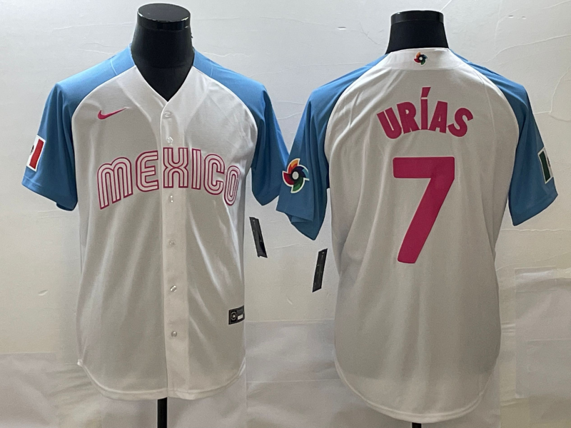 Men's 2023 World Baseball Classic #7 Julio Urias Mexico Jersey1 White