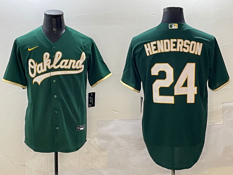 Men's Oakland Athletics Rickey Henderson #24 Green Replica Team Jersey1
