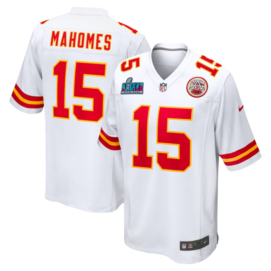 Men's Kansas City Chiefs Patrick Mahomes #15 White Super Bowl LVII Patch Away Game Jersey1