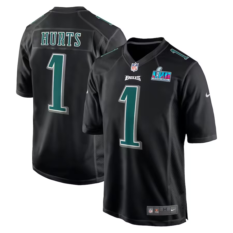 Men's Philadelphia Eagles Jalen Hurts #1 Black Super Bowl LVII Patch Fashion Game Jersey1