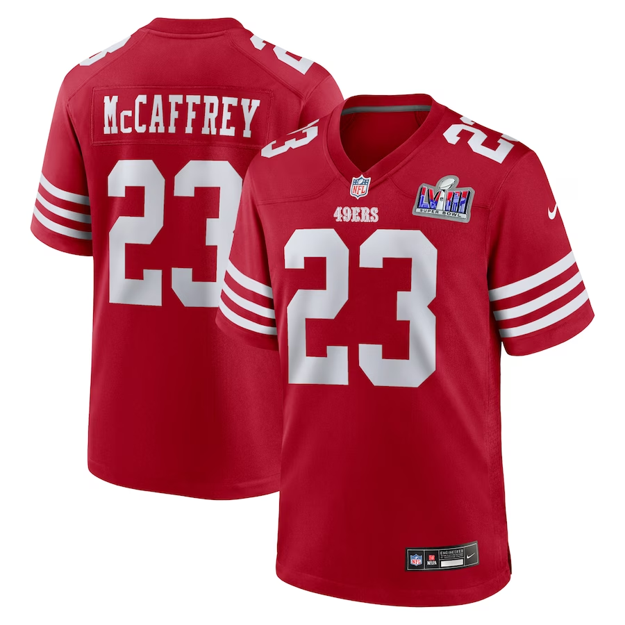 Men's San Francisco 49ers Christian McCaffrey #23 Scarlet Super Bowl LVIII Game Jersey1