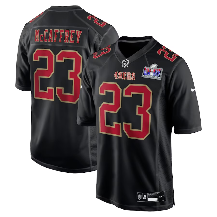 Men's San Francisco 49ers Christian McCaffrey #23 Black Super Bowl LVIII Carbon Fashion Game Player Jersey1