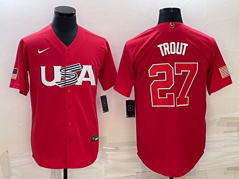Men's 2023 World Baseball Classic #27 Mike Trout USA Red Jersey1
