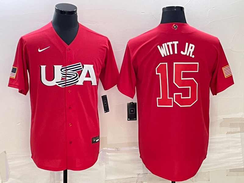 Men's 2023 World Baseball Classic #15 Bobby Witt Jr. USA Red Jersey1