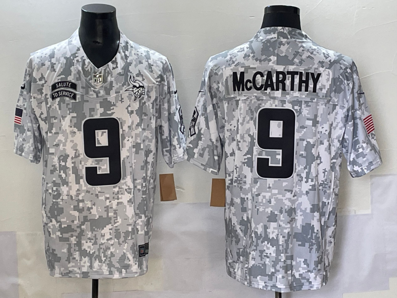 Men's Minnesota Vikings J.J. McCarthy #9 Arctic Camo 2024 Salute to Service Retired Player Limited Jersey