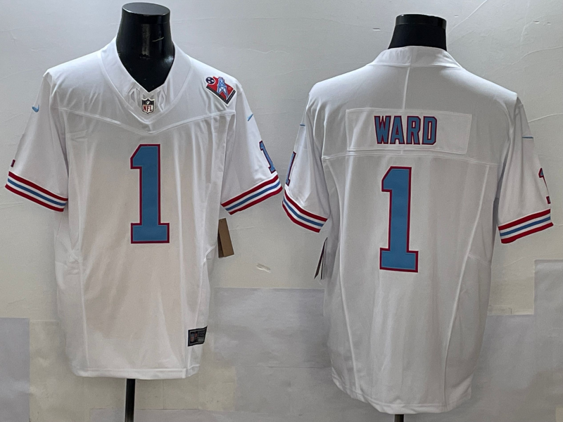 Men's Tennessee Titans Cameron Ward #1 White 2025  Draft First Round Pick Game Jersey