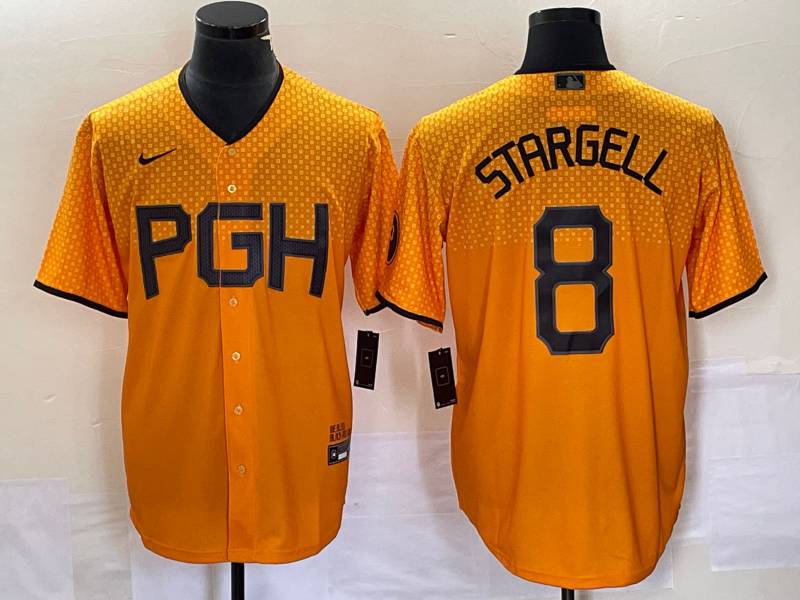 Men's Pittsburgh Pirates Willie Stargell #8 Gold 2023 City Connect Replica Player Jersey1