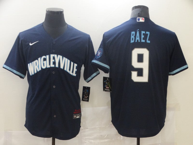 Men's Chicago Cubs Javier Baez #9 Navy Replica Baseball Jersey1