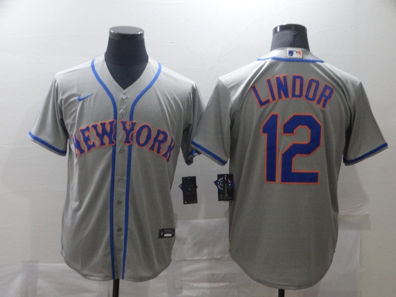 Men's New York Mets Francisco Lindor #12 Gray Replica Baseball Jersey1