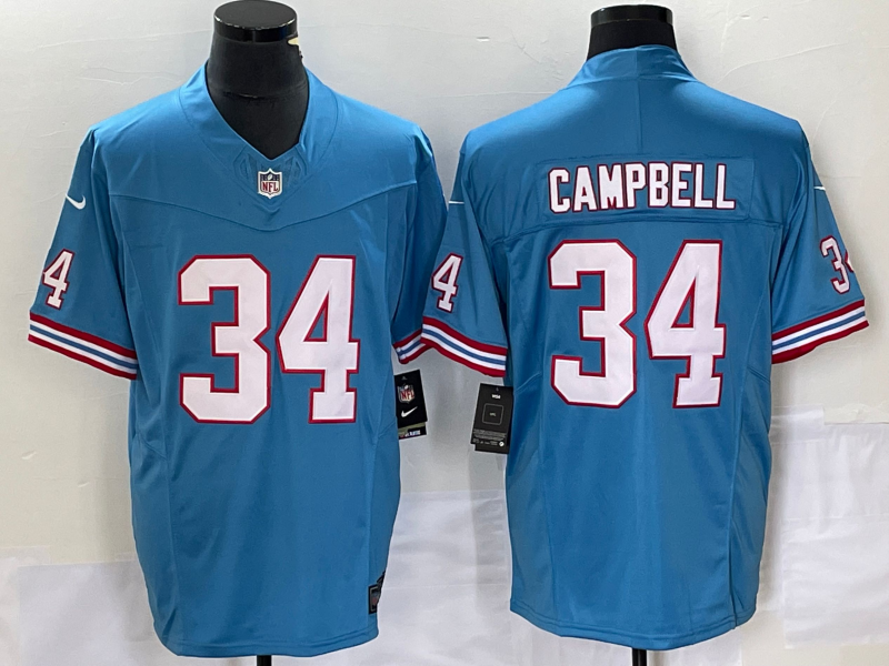 Men's Tennessee Titans Earl Campbell #34 Light Blue Oilers Throwback Retired Player Game Jersey1