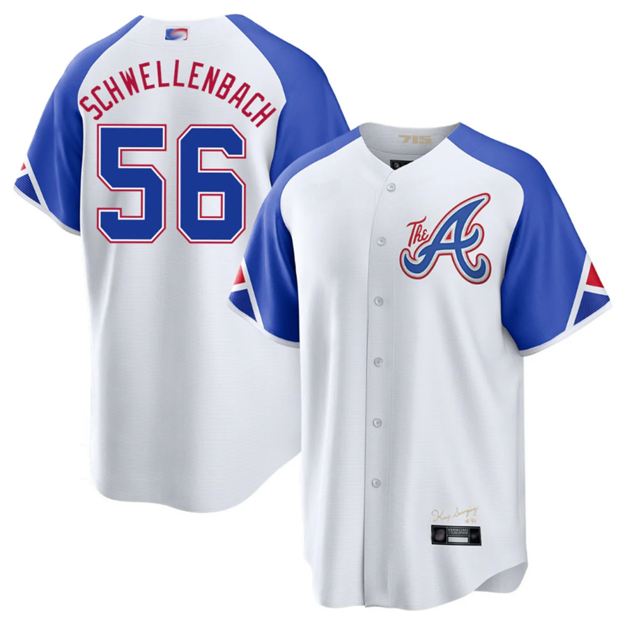 A.Braves #56 Spencer Schwellech Player White-Blue City Connect Home Limited Baseball Jerseys