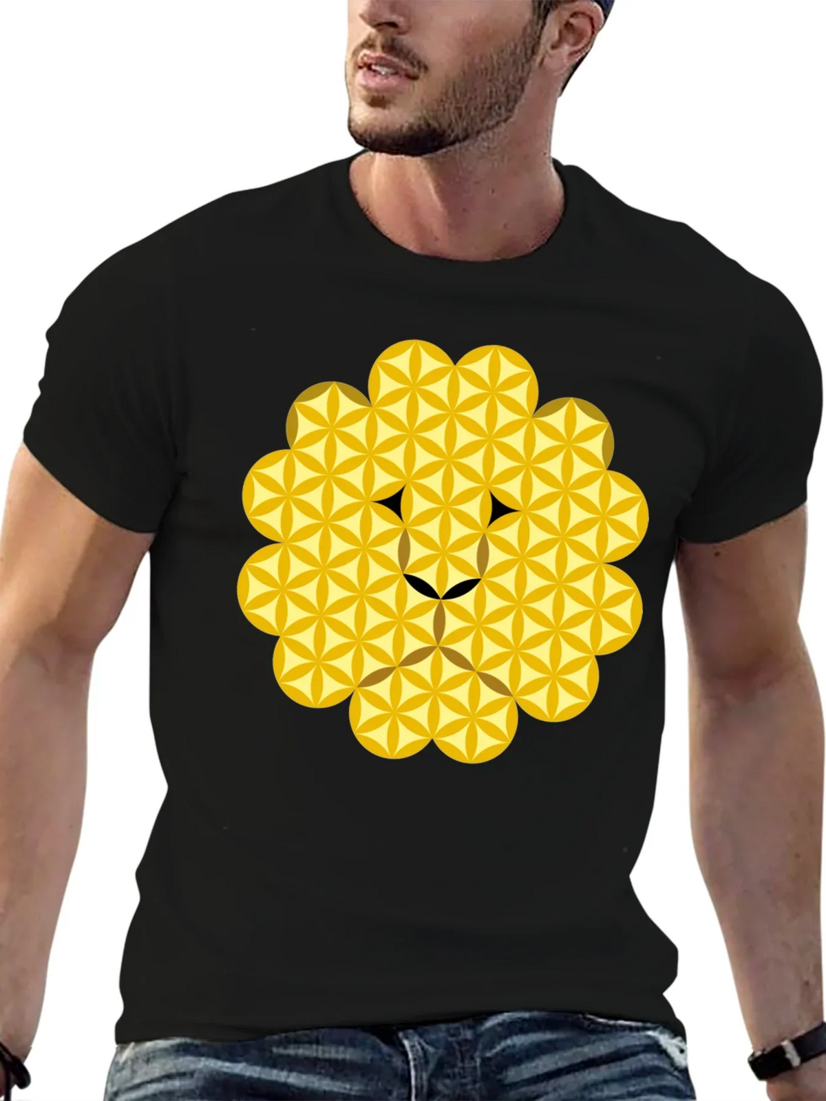 Geometric Flower of Life Lion Head Black T-Shirt