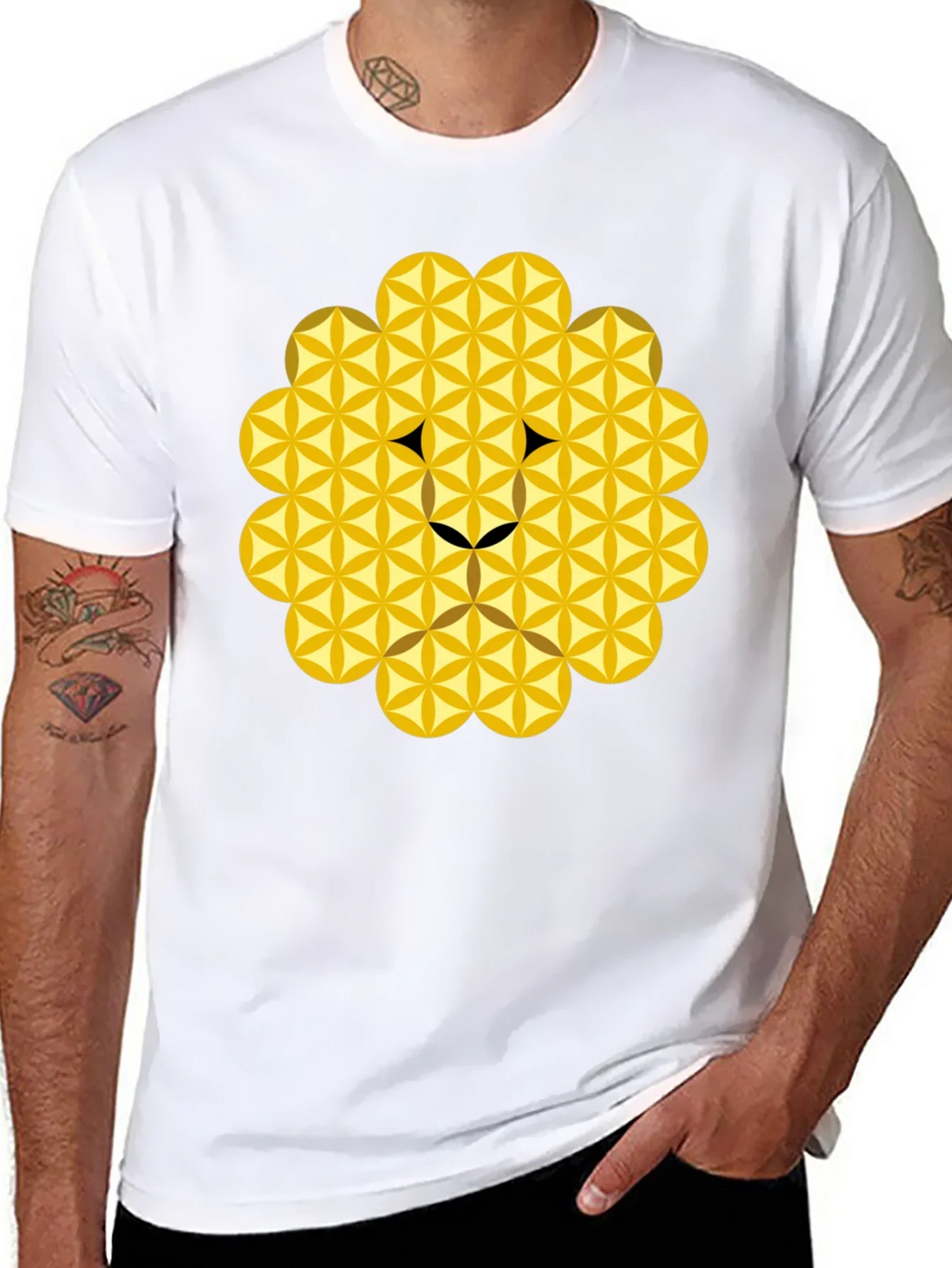 Geometric Flower of Life Lion Head Black T-Shirt