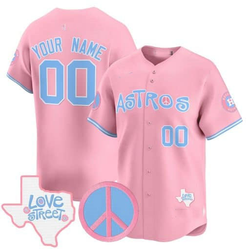 Custom H.Astros Love Street & Peace Sign Patch Bubblegum Pink Vapor Premier Limited Baseball Jersey