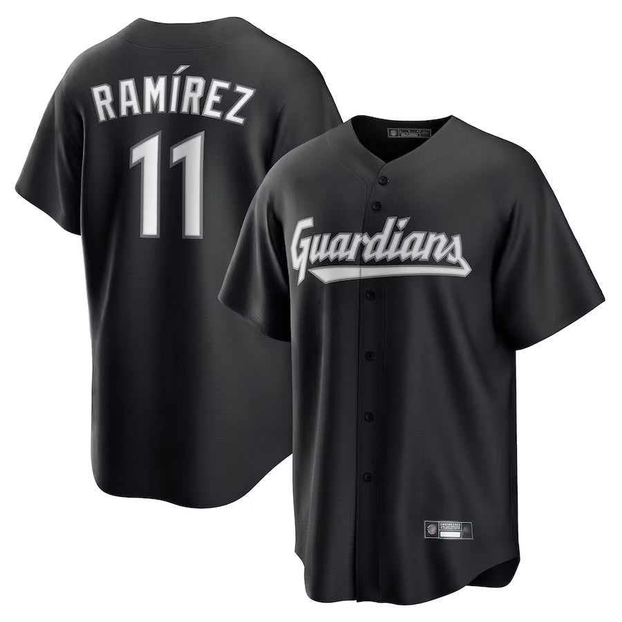 C.Guardians #11 Jose Ram����arez Player Black Lights Out Replica Baseball Jerseys