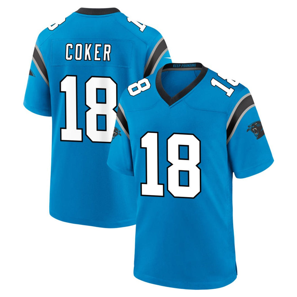 C.Panthers #18 Jalen Coker Player Blue Home Game Football Jerseys