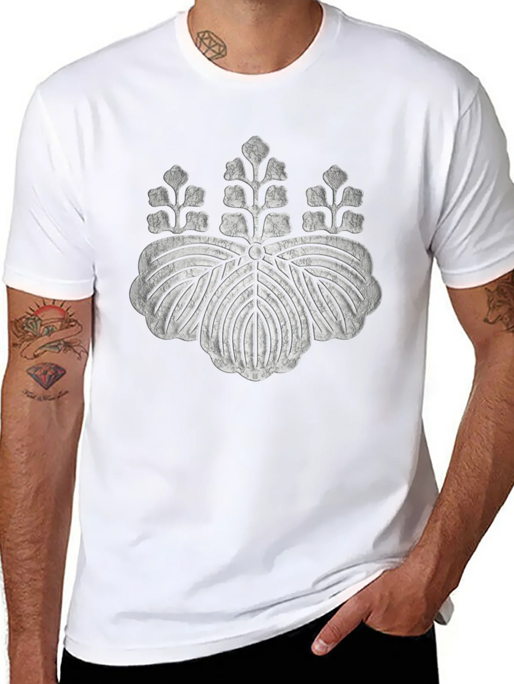 Black T-Shirt with Distressed Japanese Crest Design