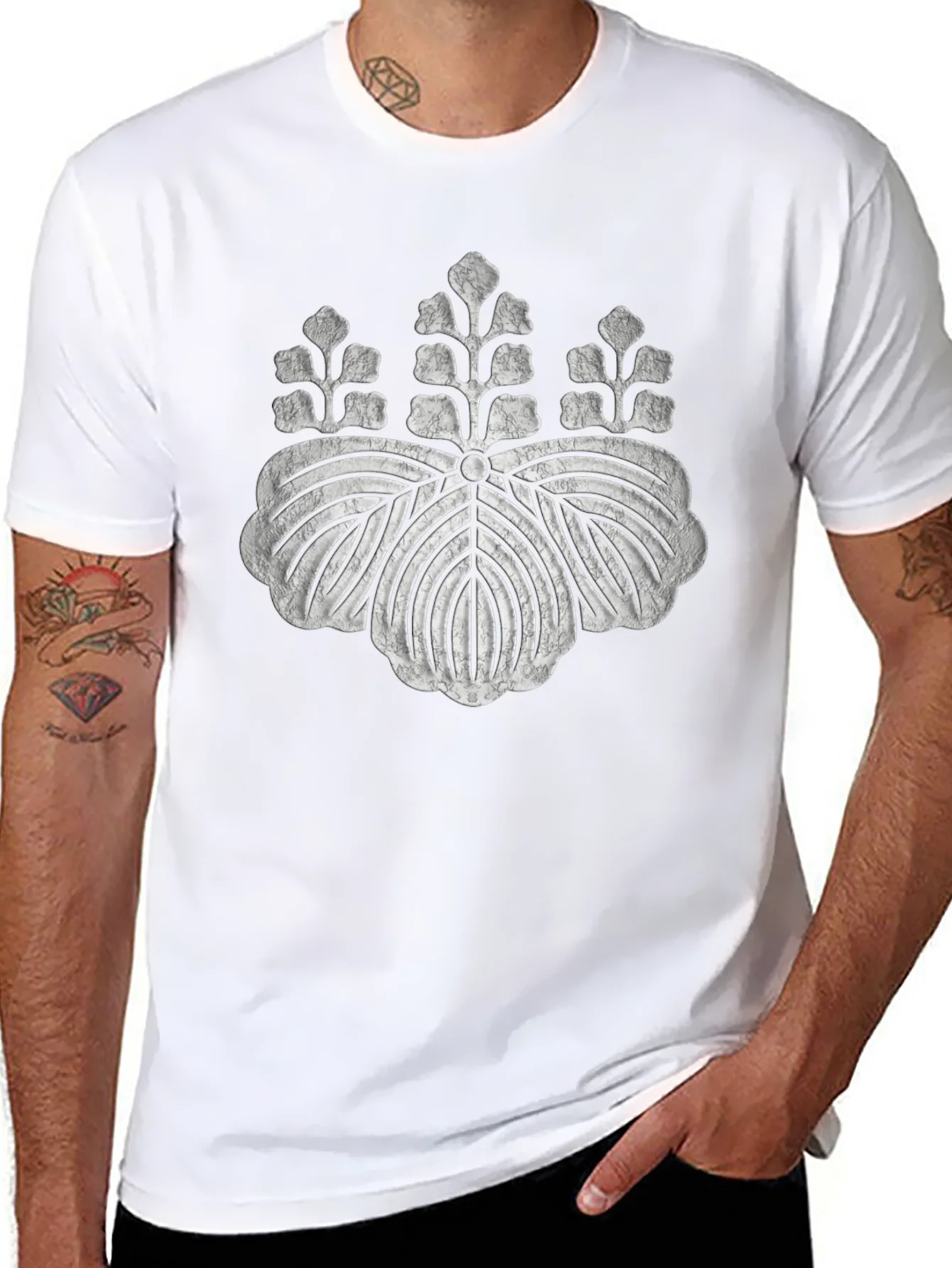 Black T-Shirt with Distressed Japanese Crest Design