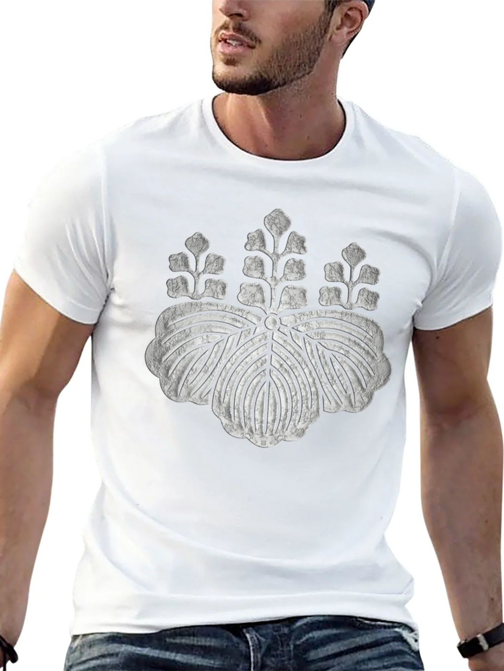 Black T-Shirt with Distressed Japanese Crest Design