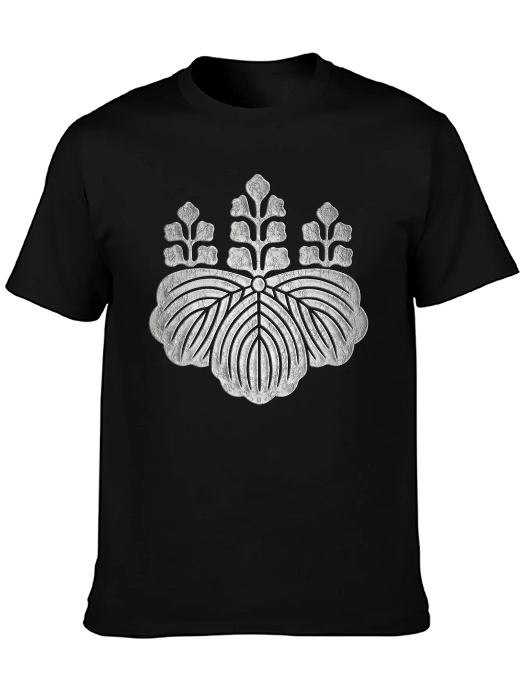 Black T-Shirt with Distressed Japanese Crest Design