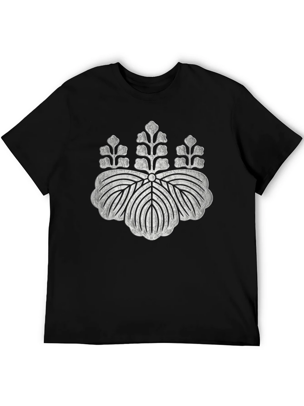 Black T-Shirt with Distressed Japanese Crest Design