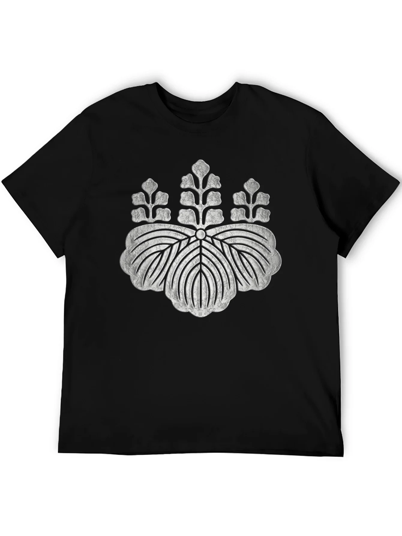 Black T-Shirt with Distressed Japanese Crest Design