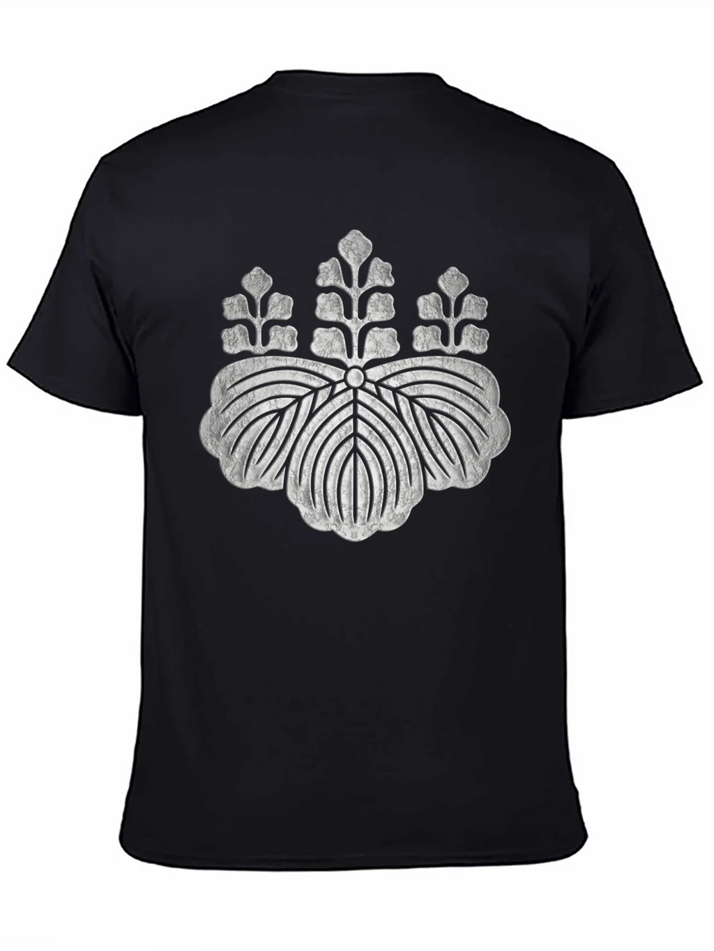 Black T-Shirt with Distressed Japanese Crest Design