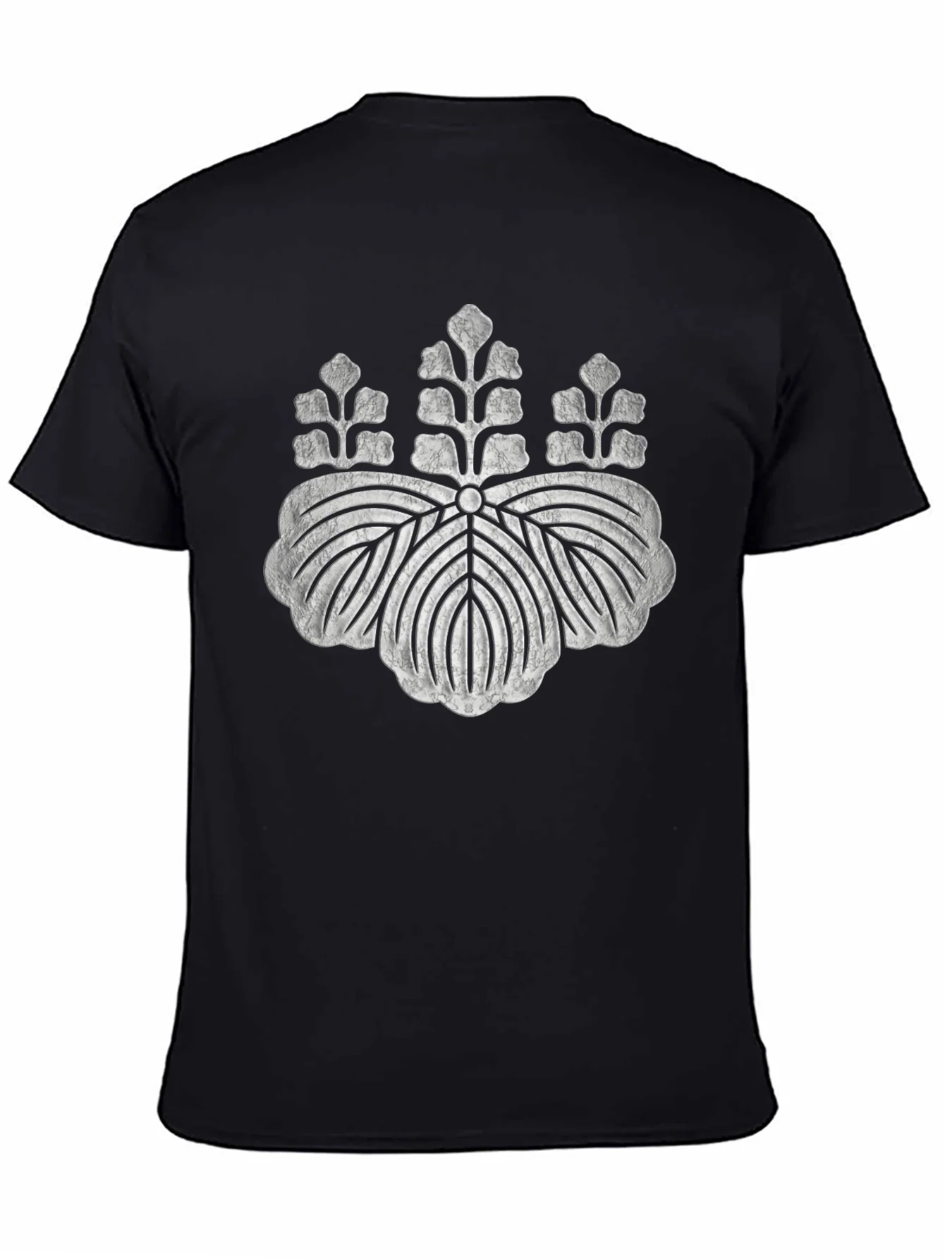 Black T-Shirt with Distressed Japanese Crest Design