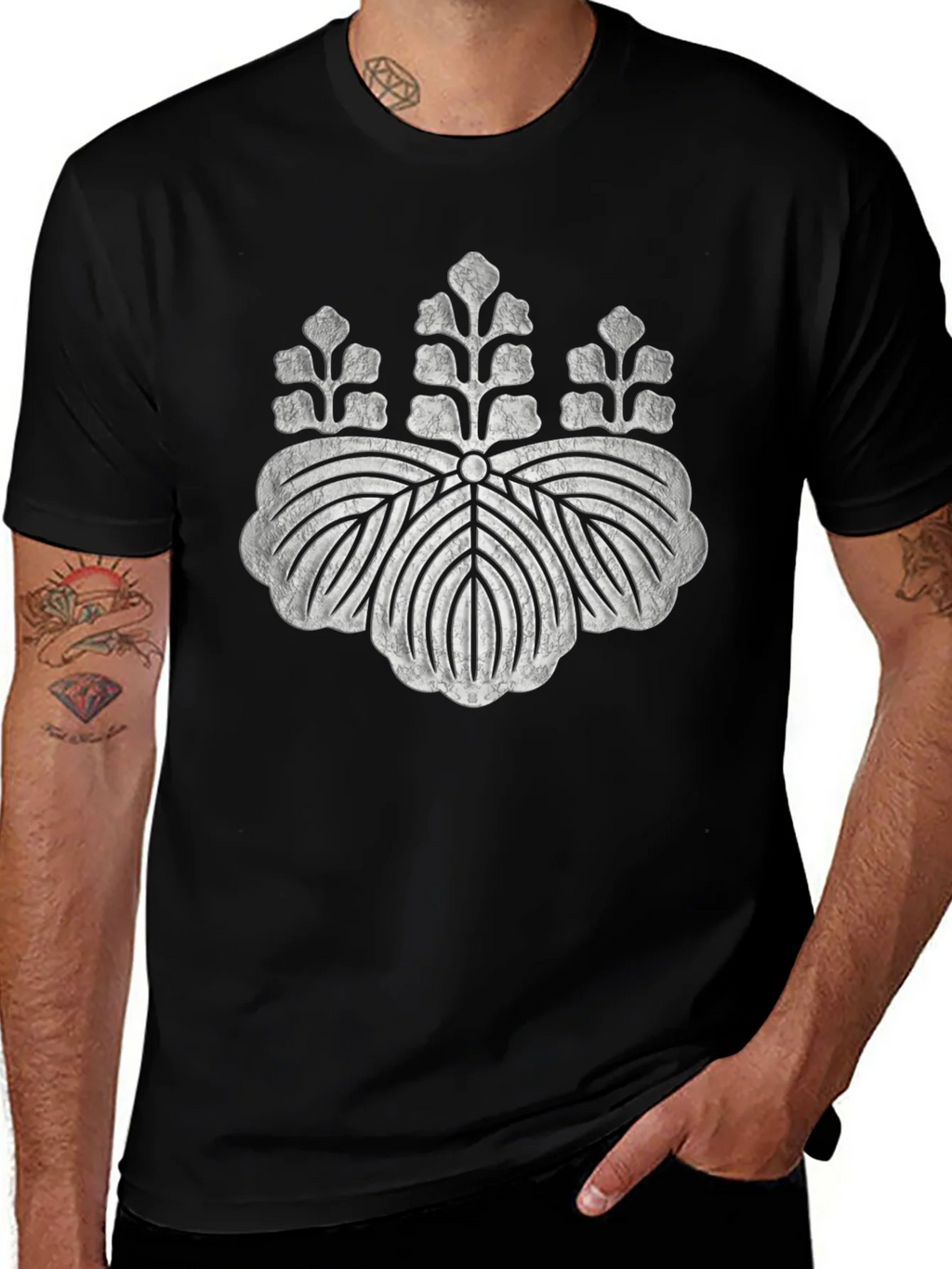 Black T-Shirt with Distressed Japanese Crest Design