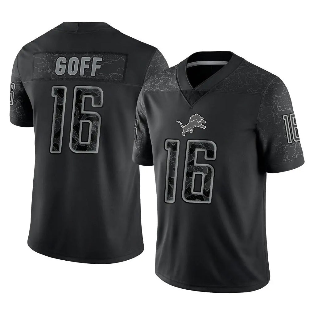 D.Lions #16 Jared Goff Player Black REFLECTIVE Limited Football Jerseys