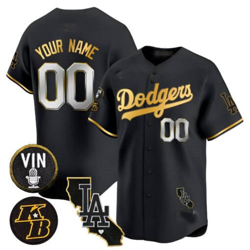 Custom LA.Dodgers Vin Patch & Kobe Bryant Gold Trim Vapor Premier Limited V2 Baseball Jerseys