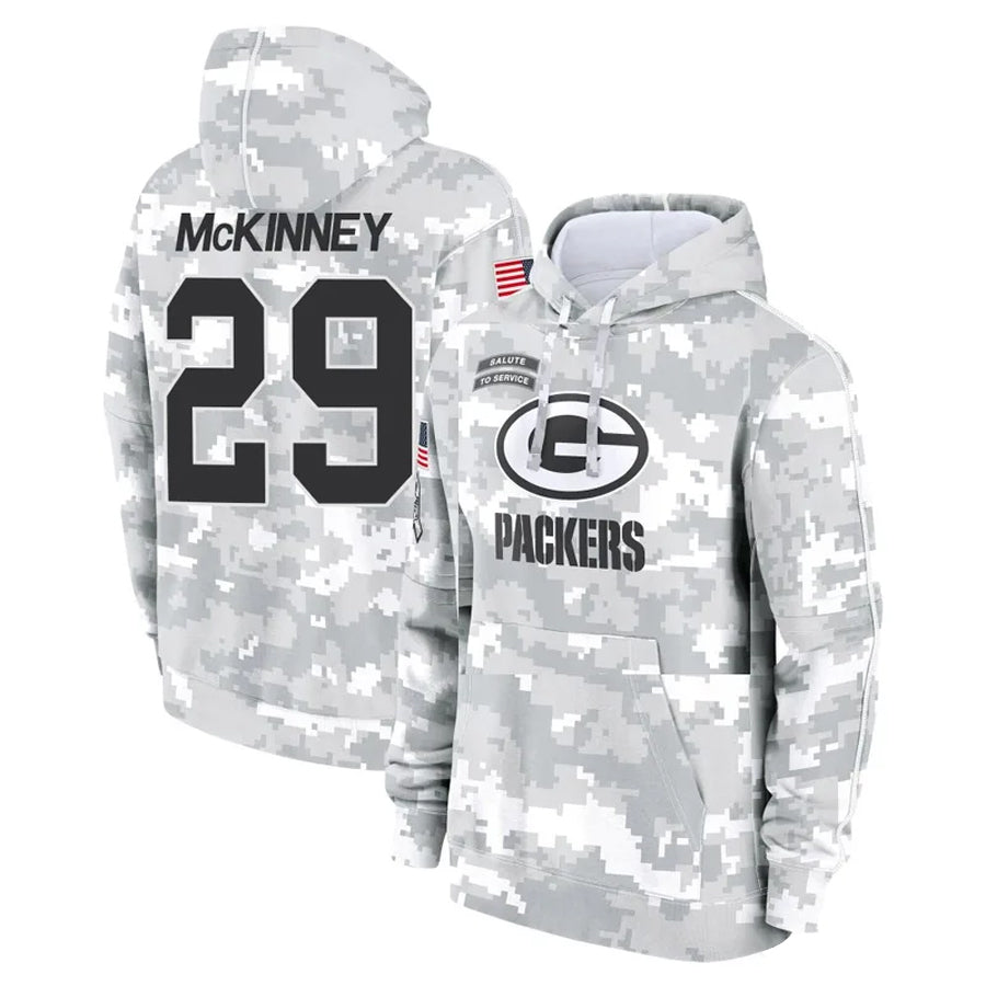 GB.Packers #29 Xavier McKinney Player Camo Salute To Service Hoodies Game Football Jerseys